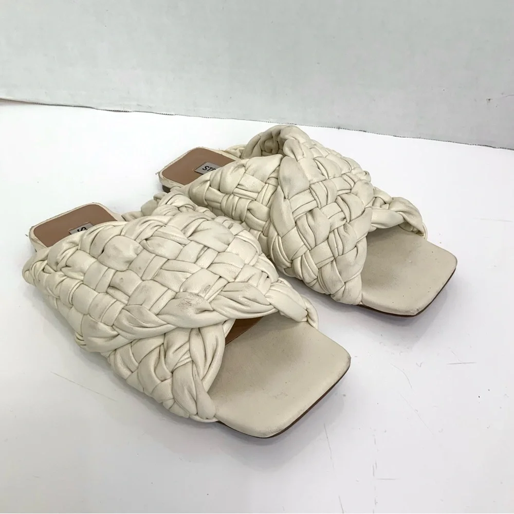 STEVE‎ MADDEN Sz 6.5 Ivory Marina Square Toe Chunky Woven Slip On Slide Sandals
